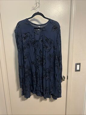 Free People Navy Blue Floral Print Shirt Dress